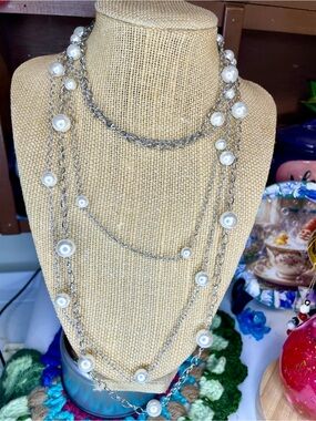 Multi-Strand Silver Pearl Bead Necklace - Elegant White Pearls